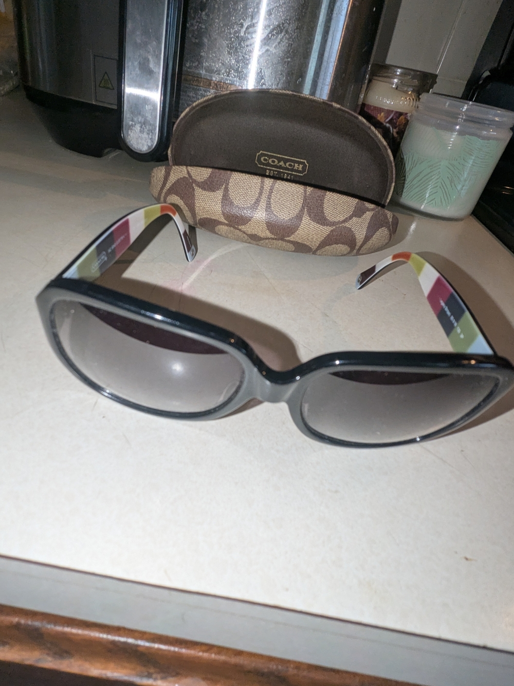 Coach Black Sunglasses with Multicolor Stripe Temples